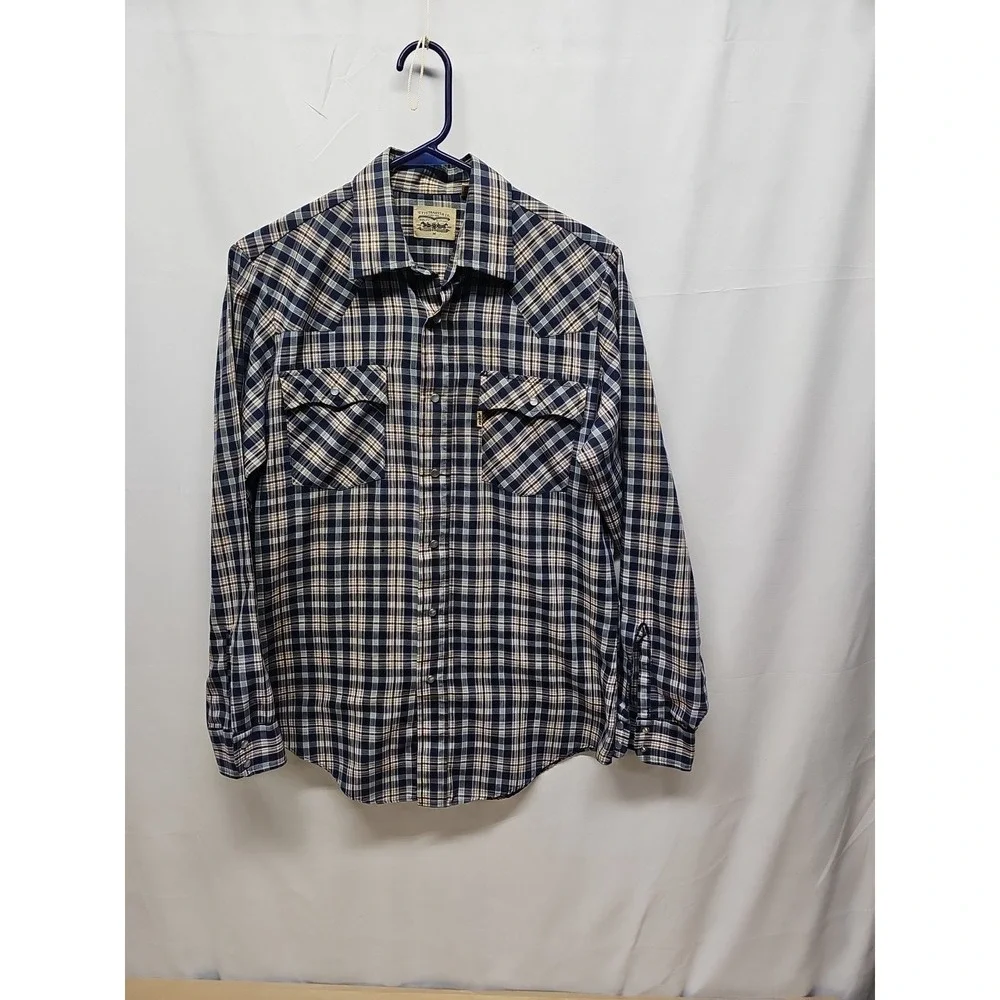 Levis Mens Blue Vintage Plaid‎ Pearl Snap Western Shirt Long Sleeve Sz M